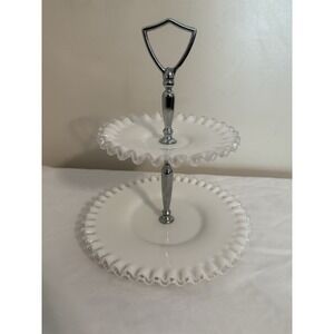 FENTON WHITE MILK GLASS SILVER CREST 2 TIER SERVING TIDBIT‎ TRAY